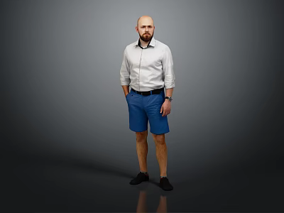 Man Standing with Hands in Pockets Wearing White Shirt and Blue Shorts Against Gray Background 3d model