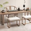 Traditional Chinese Wooden Tea Table and Chairs with Tea Set Chessboard and Plant