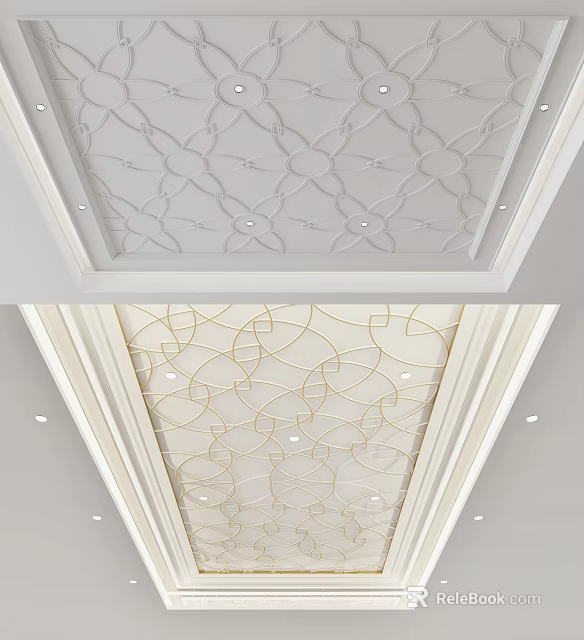 White Ceiling With Intricate Geometric Patterns Gold Accents And Recessed Lighting 3d model 