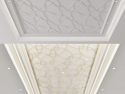 White Ceiling With Intricate Geometric Patterns Gold Accents And Recessed Lighting 3d model