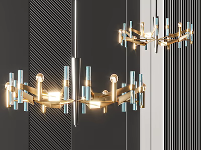 Modern Luxury Chandelier with Gold Frame and Blue Glass Rods Hanging Interior Lighting Design 3d model