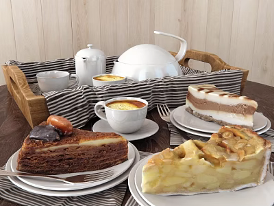 Layered Cheesecake Apple Pie Chocolate Mille Crepe with Tea Coffee and Wooden Serving Tray 3d model