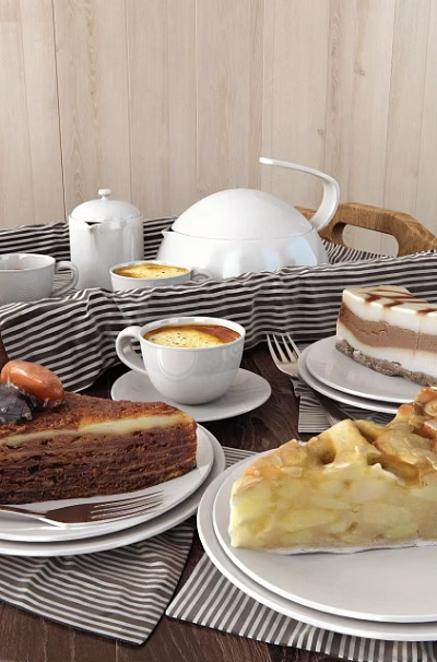 Layered Cheesecake Apple Pie Chocolate Mille Crepe with Tea Coffee and Wooden Serving Tray 3d model