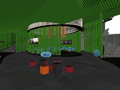 Green Themed Cinema Interior With Bamboo Elements Circular Bar And Colorful Seats 3d model