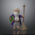 Cartoon Wizard Character With White Beard Glasses Purple Robe Green Book Staff And Broom