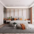 Modern Bedroom Interior Design With Tufted Headboard Orange Pillows Nightstands And Area Rug