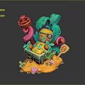Cartoon Pirate Themed Decorative Figurine With Green Plants Pink Decor Yellow Base Beach Shells Coins