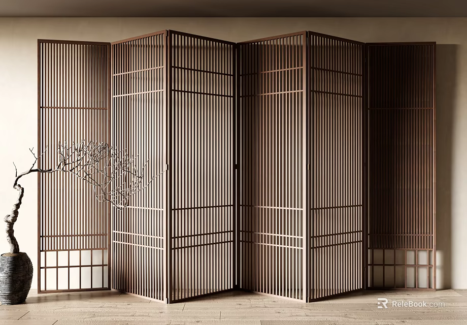 Modern Wooden Room Divider with Vertical Slats and Geometric Pattern for Elegant Indoor Space Decoration 3d model 