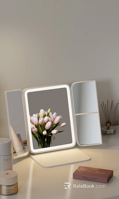 Lighted Tri Fold Vanity Mirror With Flowers And Diffusers 3d model 