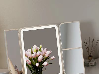 Lighted Tri Fold Vanity Mirror With Flowers And Diffusers 3d model