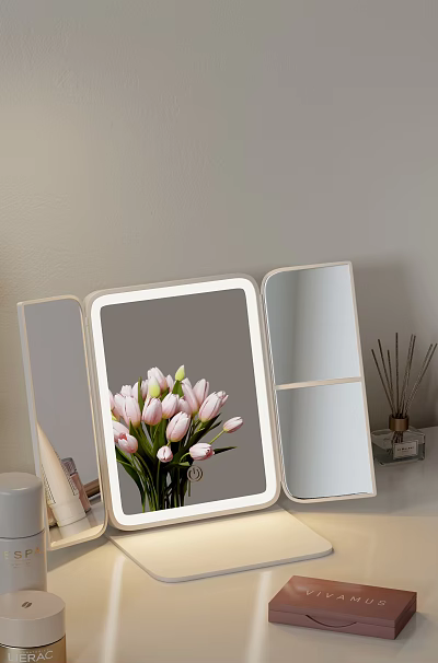 Lighted Tri Fold Vanity Mirror With Flowers And Diffusers 3d model