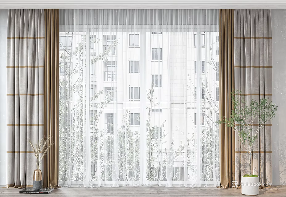 Light Brown Vertical Striped Double Layer Curtains With White Sheer And Indoor Plants 3d model 