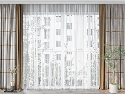 Light Brown Vertical Striped Double Layer Curtains With White Sheer And Indoor Plants 3d model