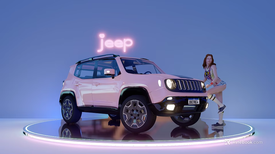 Modern Showroom Shelf Displaying Pink Jeep Car With Neon Sign And Model 3d model 