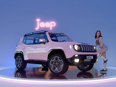 Modern Showroom Shelf Displaying Pink Jeep Car With Neon Sign And Model 3d model