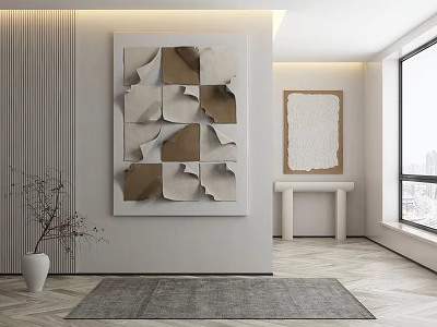 Modern Interior Design Featuring Geometric Wall Art Textured Painting White Vase And Gray Rug 3d model