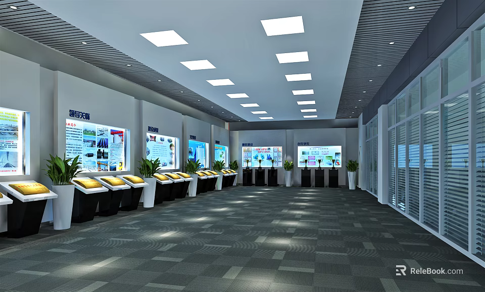 Modern Exhibition Hall Interior With Display Counters Information Boards And Plants 3d model