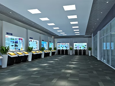 Modern Exhibition Hall Interior With Display Counters Information Boards And Plants 3d model