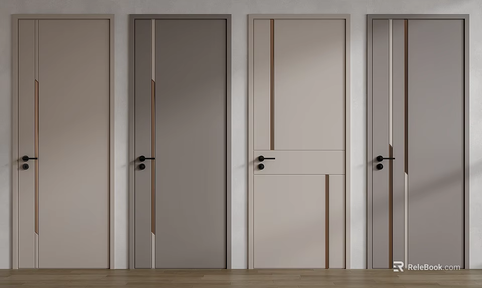 Modern Minimalist Hinged Doors Light Grey Beige with Metal Stripes Black Handles Design 3d model 