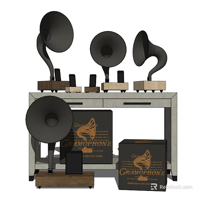 Vintage Gramophone Audio Equipment With Horn Speakers And Wooden Shelf 3d model 