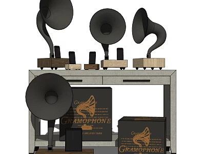 Vintage Gramophone Audio Equipment With Horn Speakers And Wooden Shelf 3d model