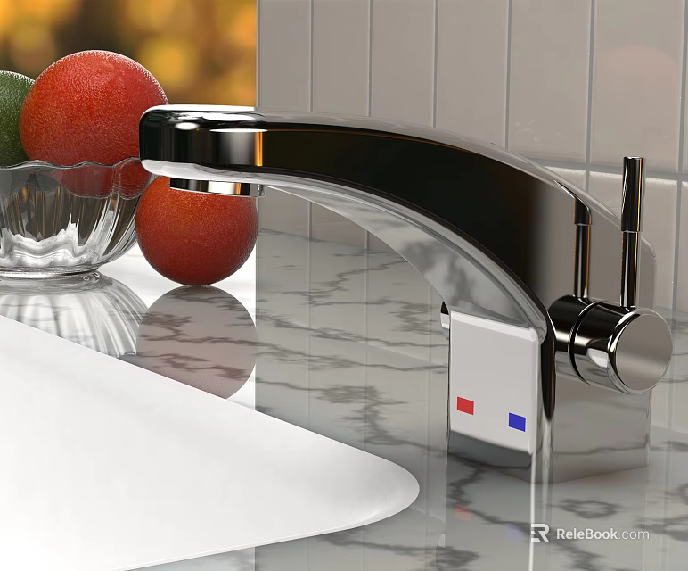 Modern Chrome Kitchen Faucet on Marble Countertop with Glass Bowl Oranges Limes White Tile Wall 3d model 