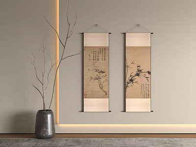 Traditional Chinese Scroll Paintings With Bamboo Art And Vase Decor In Modern Interior 3d model