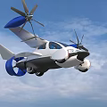 Flying Car With Futuristic Sleek Design Blue Propellers And White Body In Sky