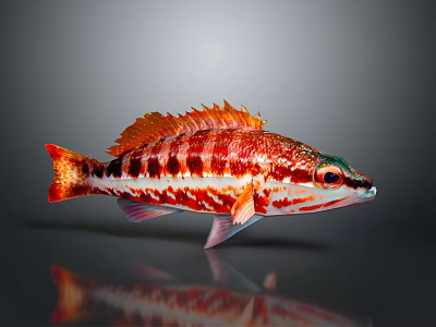 Colorful Red And White Striped Fish With Orange Fins On Gray Background With Reflection 3d model