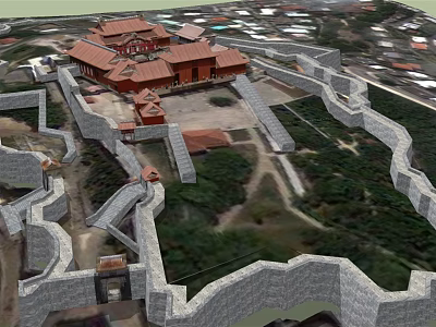 Traditional Ancient Architecture With Red Roofs Surrounding City Walls Courtyard And Green Terrain 3d model