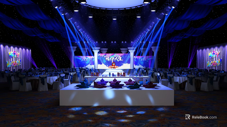 Elegant Banquet Hall With Stage Large Screen Blue Lighting And Formal Dining Tables Setup 3d model