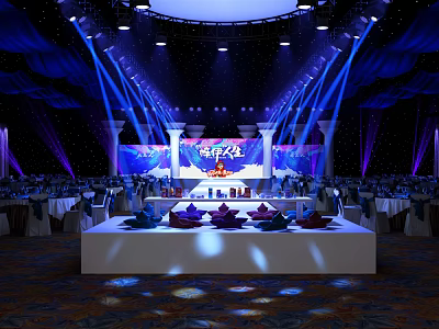 Elegant Banquet Hall With Stage Large Screen Blue Lighting And Formal Dining Tables Setup 3d model
