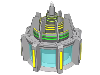 Futuristic Architectural Tower Structure With Gray Body Yellow Green Stripes And Blue Base 3d model