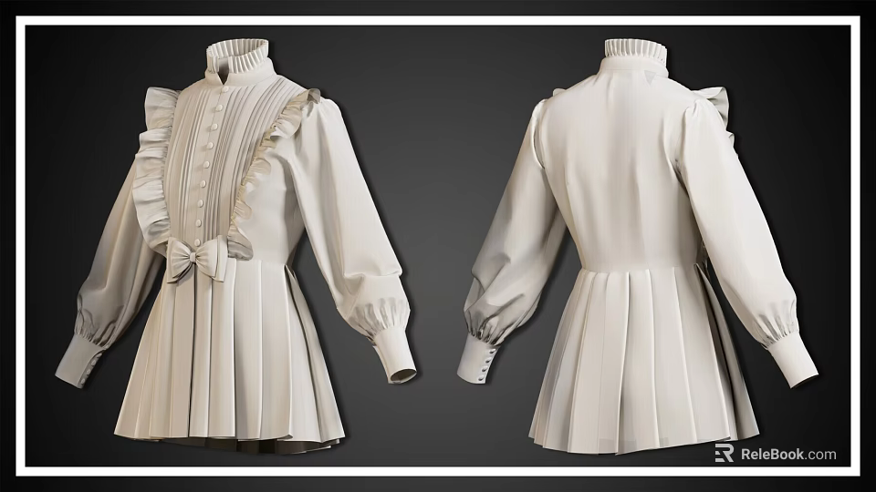 White High Neck Dress With Ruffles Pleats And Puffed Sleeves Front Bow 3d model 