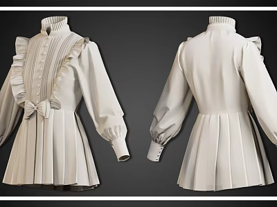 White High Neck Dress With Ruffles Pleats And Puffed Sleeves Front Bow 3d model