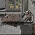 Double Bed With Metal Frame Beige Comforter Gray Pillows Curtains And Window Seat