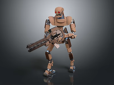 Brown Mechanical Robot With Red Eyes Holding Large Weapon In Standing Pose 3d model