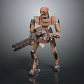 Brown Mechanical Robot With Red Eyes Holding Large Weapon In Standing Pose