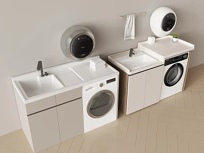 Modern Laundry Room Design With White Washing Machine Sink And Storage Cabinets 3d model