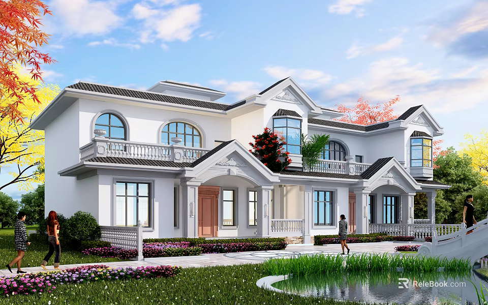Twin Villa Exterior Design With White Facade Arched Windows Balcony And Garden Lawn Pond 3d model 