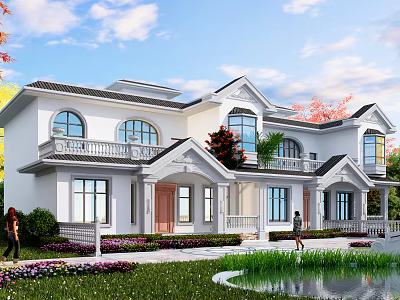Twin Villa Exterior Design With White Facade Arched Windows Balcony And Garden Lawn Pond 3d model