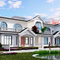 Twin Villa Exterior Design With White Facade Arched Windows Balcony And Garden Lawn Pond