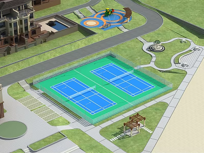 Outdoor Sports Facility With Two Tennis Courts Green Grass And Playground Area 3d model