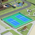 Outdoor Sports Facility With Two Tennis Courts Green Grass And Playground Area