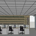 Public Office Space Featuring Workstations With Computers Black Office Chairs And Ceiling Grid Design 3d model