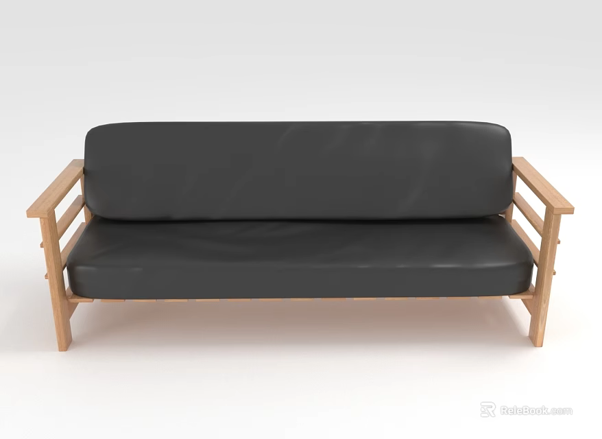 Group of People Relaxing on Black Sofa With Wooden Armrests and Legs 3d model 