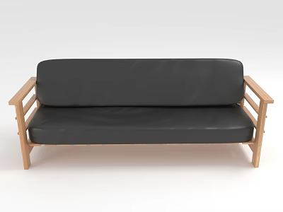 Group of People Relaxing on Black Sofa With Wooden Armrests and Legs 3d model