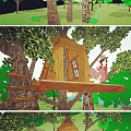 Cozy Treehouse Built In Trees With Wooden Ladder Surrounded By Green Trees Grass And Water
