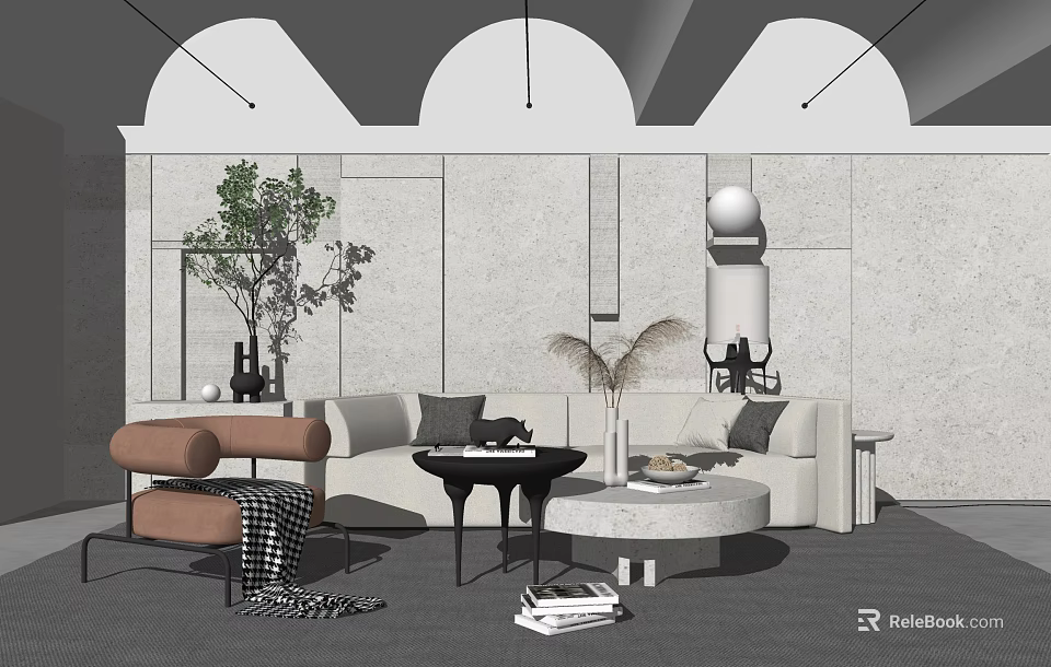 Modern Minimalist Sofa And Coffee Table Set With Green Plants Brown Armchair And Decorative Items 3d model 