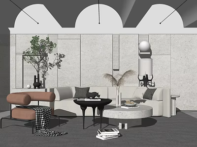 Modern Minimalist Sofa And Coffee Table Set With Green Plants Brown Armchair And Decorative Items 3d model